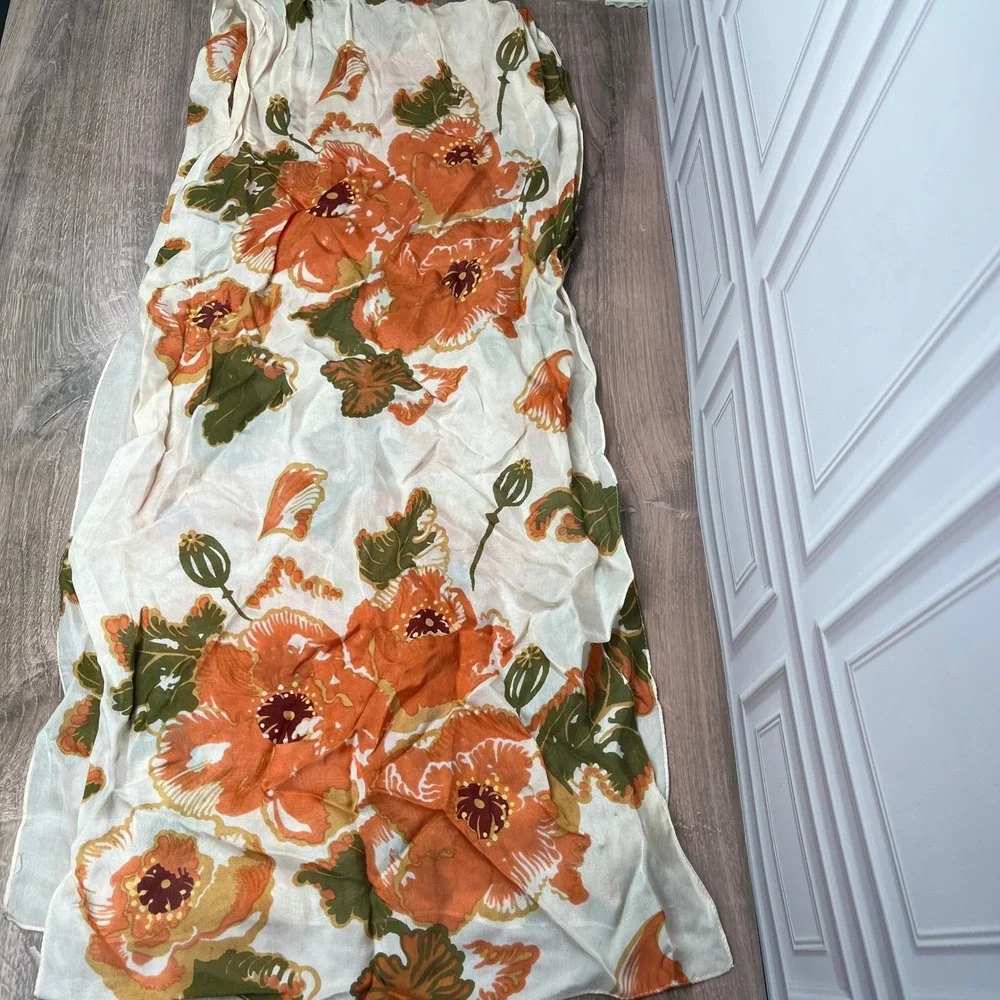Zazou Floral Poppy Scarf Womens Orange Cream Sheer Rayon Rectangular Boho Wrap